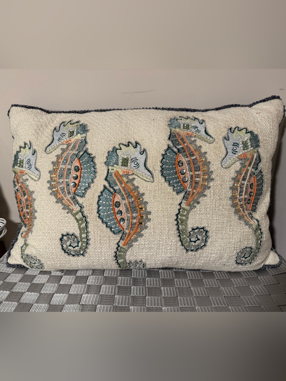 Seahorse Embroidered Accent Pillow in Cream and gray/blue